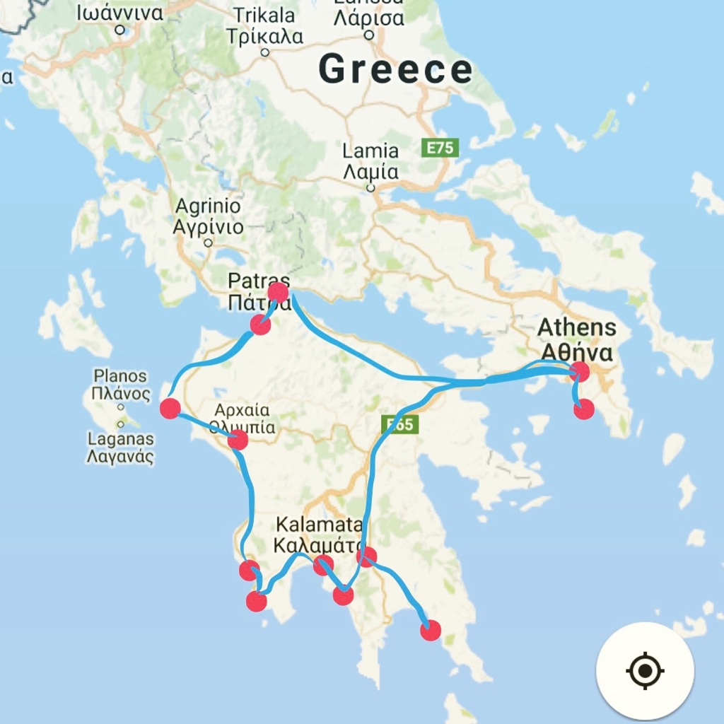 Map of Peloponnese Road Trip route